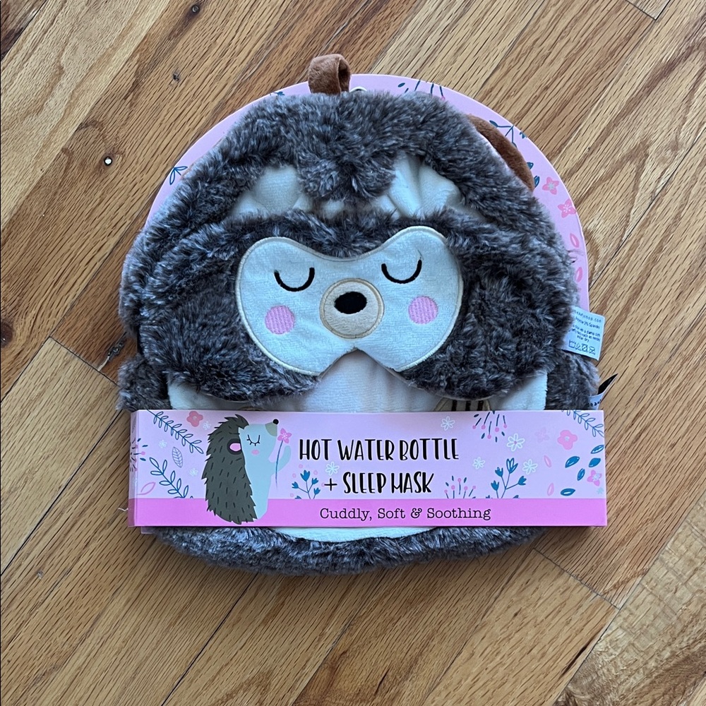 Plush Hedgehog Hot Water Bottle with Sleep Mask - Gray & Pink